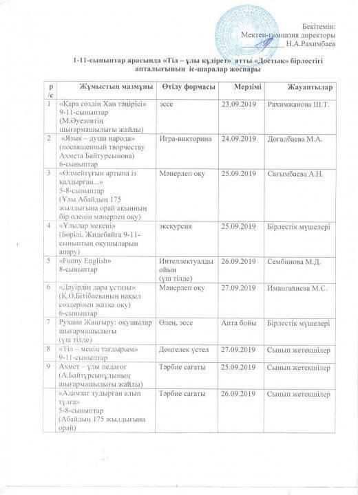 "Тіл - ұлы құдірет" атты Достық бірлестігінің апталығы