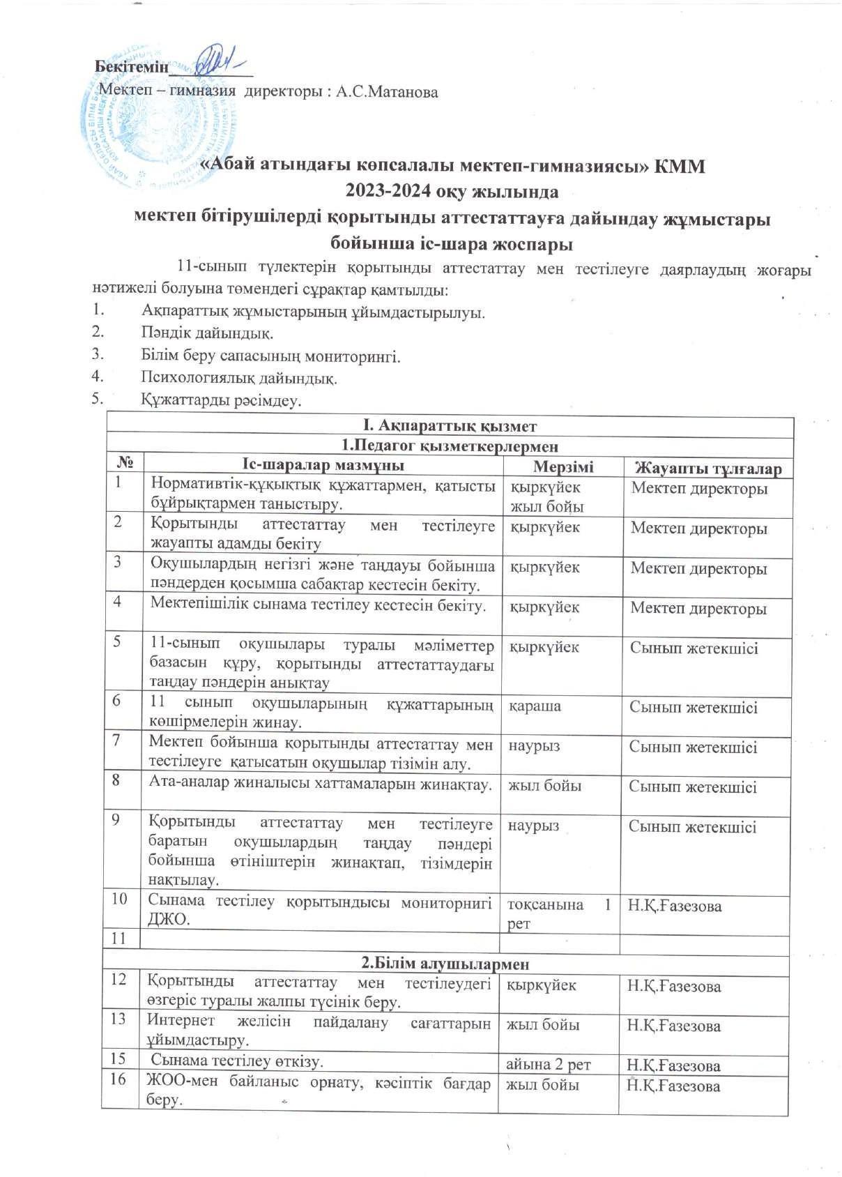 2023-2024 оқу жылында 11 сынып оқушыларын  қорытынды аттестаттауға дайындау жұмыстары