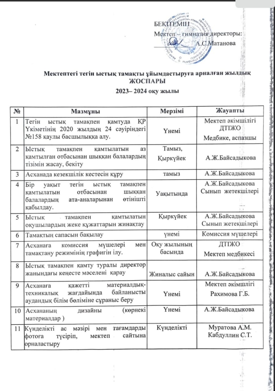 Тегін ыстық тамақты ұйымдастыруға арналған жылдық жоспары 2023-2024 оқу жылы