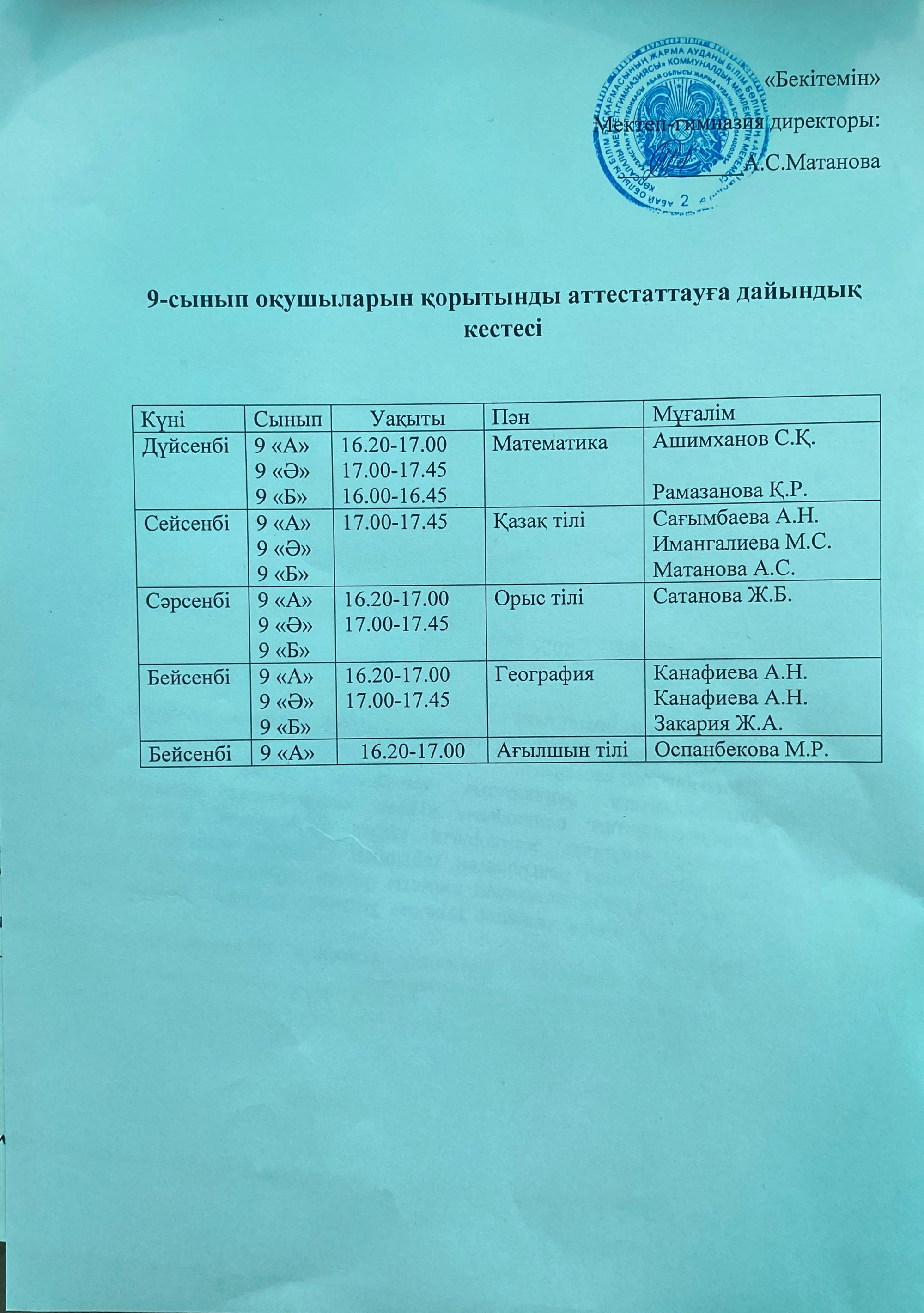 Қорытынды аттестаттауға дайындық кестесі