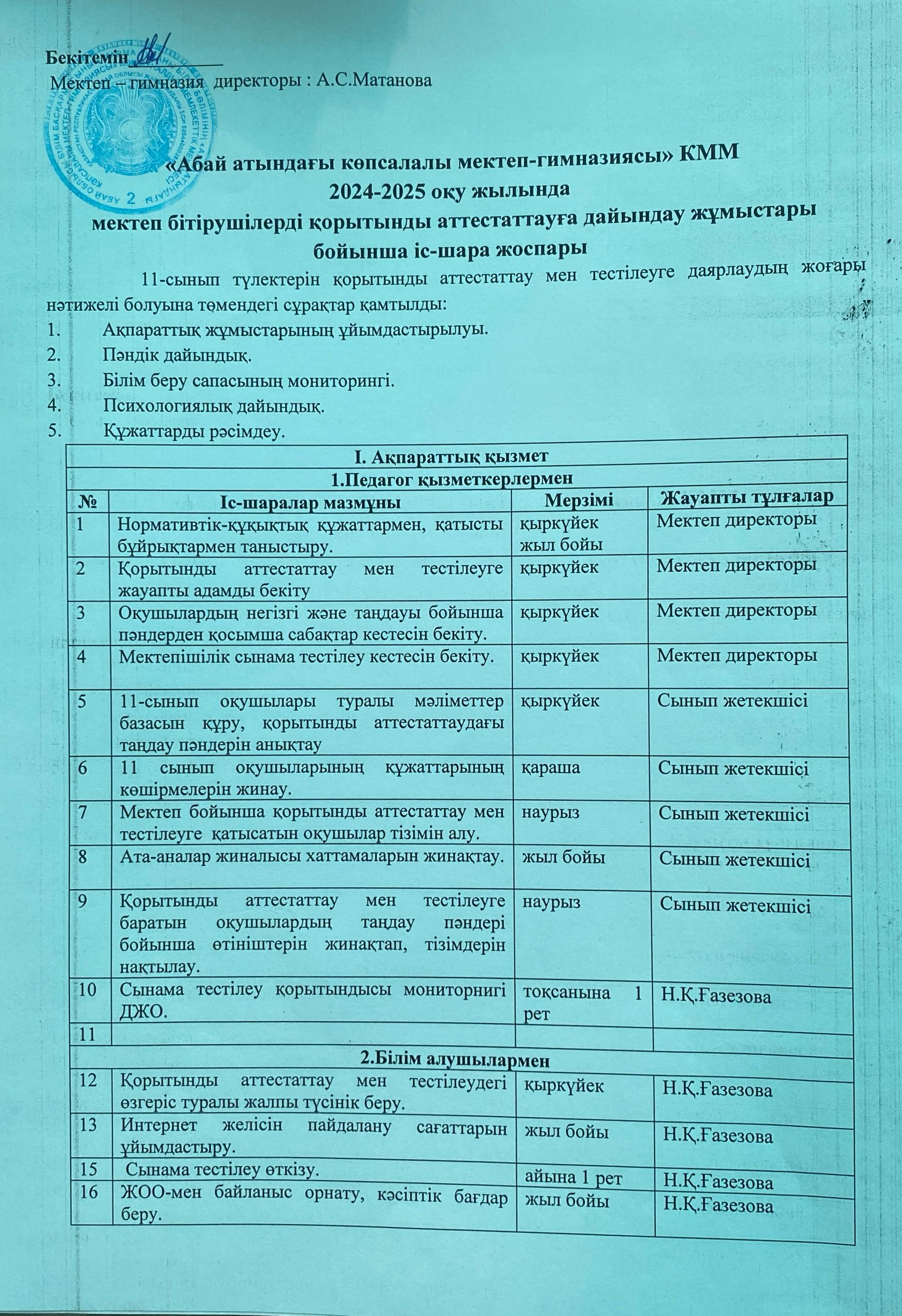 Қорытынды аттестаттауға дайындау жұмыстары бойынша іс-шара жоспары